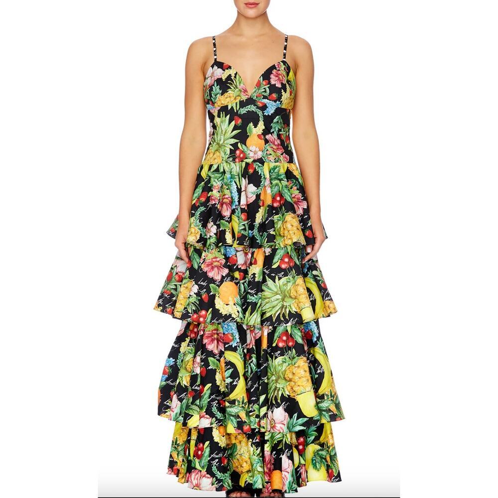 EUC $899 Camilla Call Me Carmen Gathered Tiered Fruit Maxi Dress